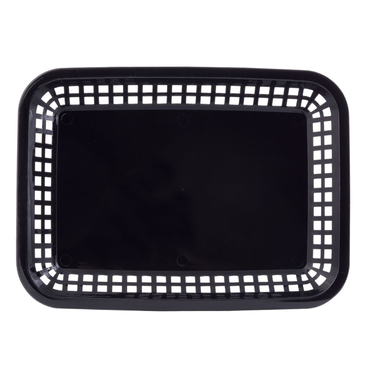 Top-down view of the Tablecraft 1077BK black rectangular platter basket showing the full lattice perimeter and solid flat base