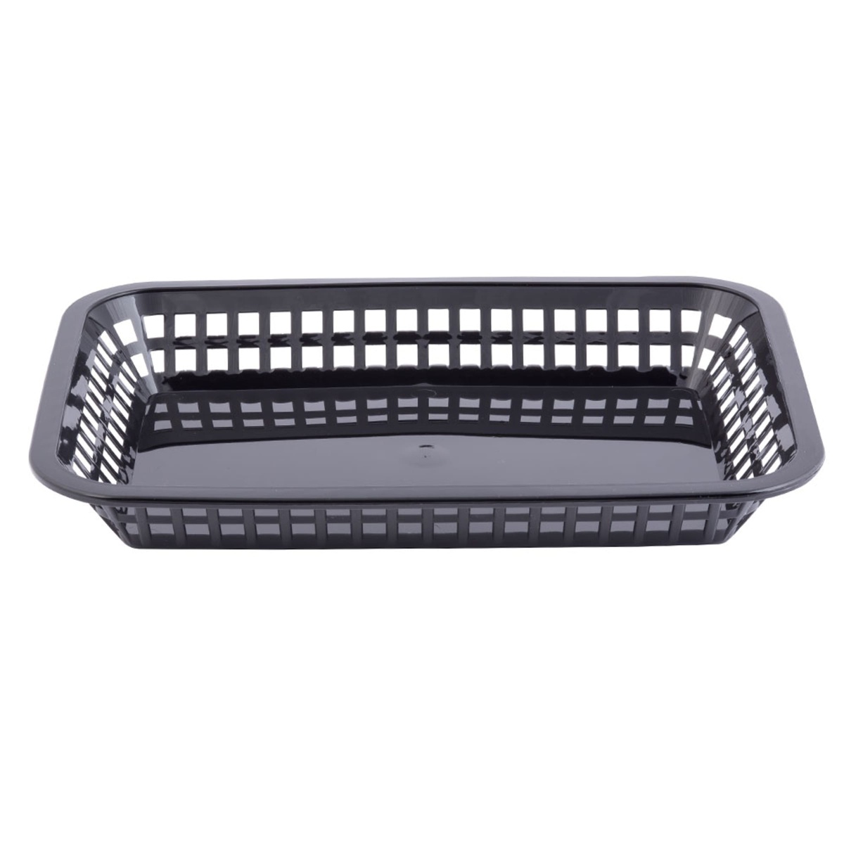 Front-facing view of the Tablecraft 1077BK black platter basket showing lattice walls and flat interior base