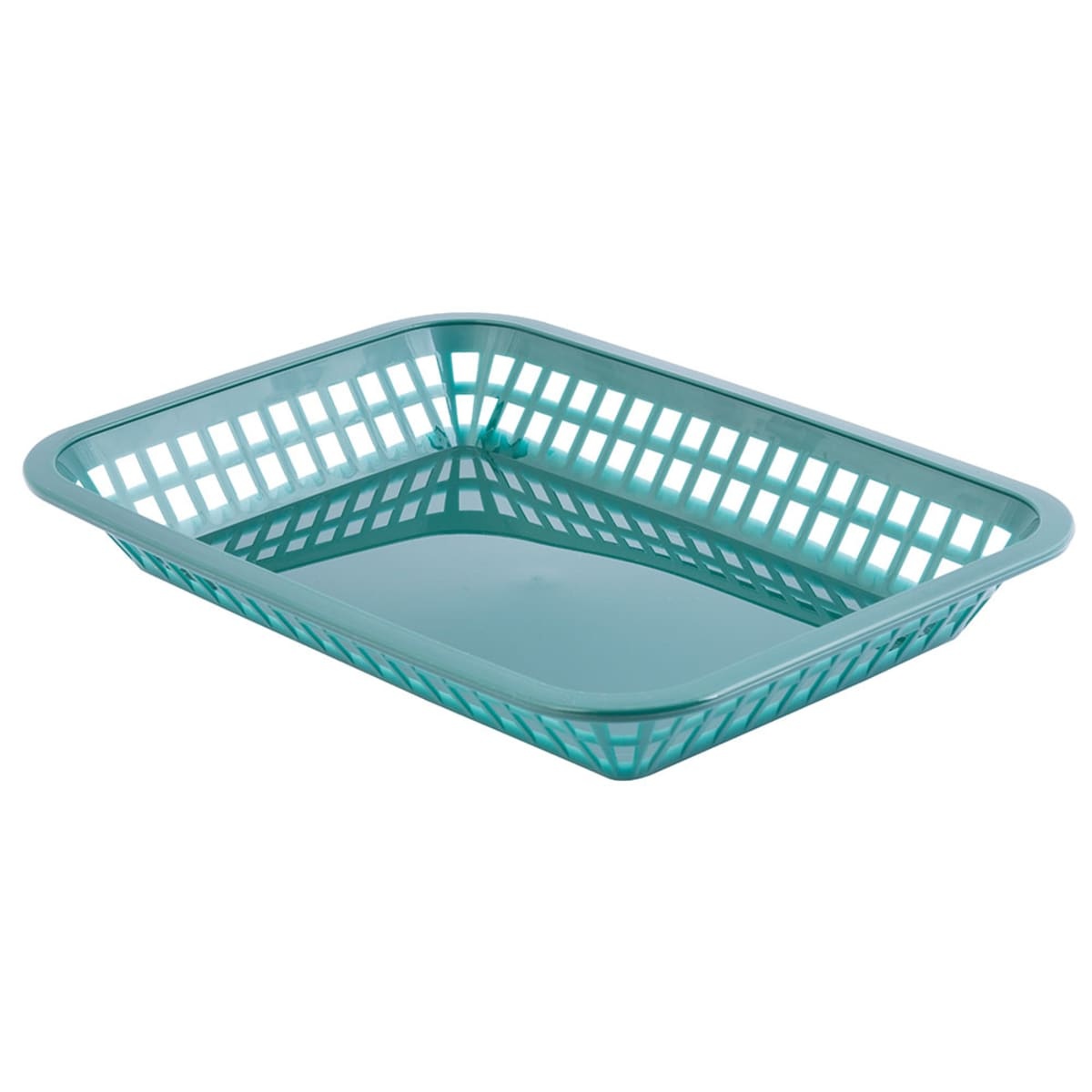 Tablecraft 1077FG forest green Grande platter basket angled overhead view showing lattice sides and solid base