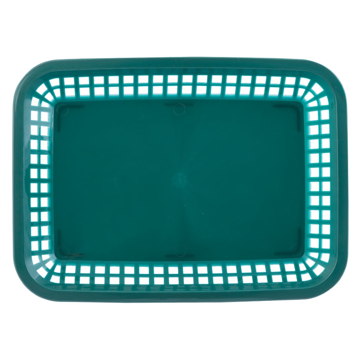 Tablecraft 1077FG forest green Grande platter basket overhead flat view showing rectangular lattice border and solid interior base