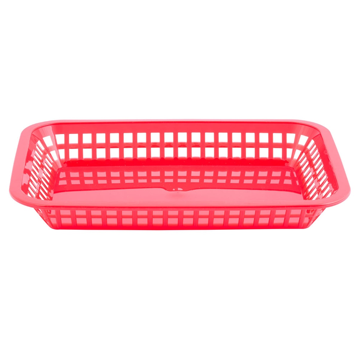 Tablecraft 1077R red polypropylene platter basket, straight-on front view showing basket weave sides