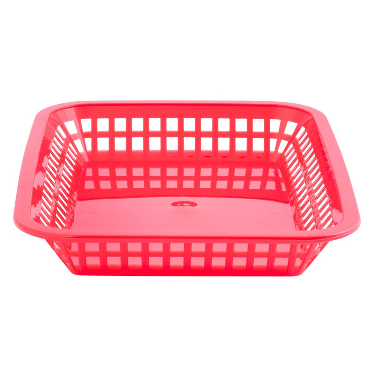 Tablecraft 1077R red polypropylene platter basket, slightly elevated front view highlighting tall basket weave walls