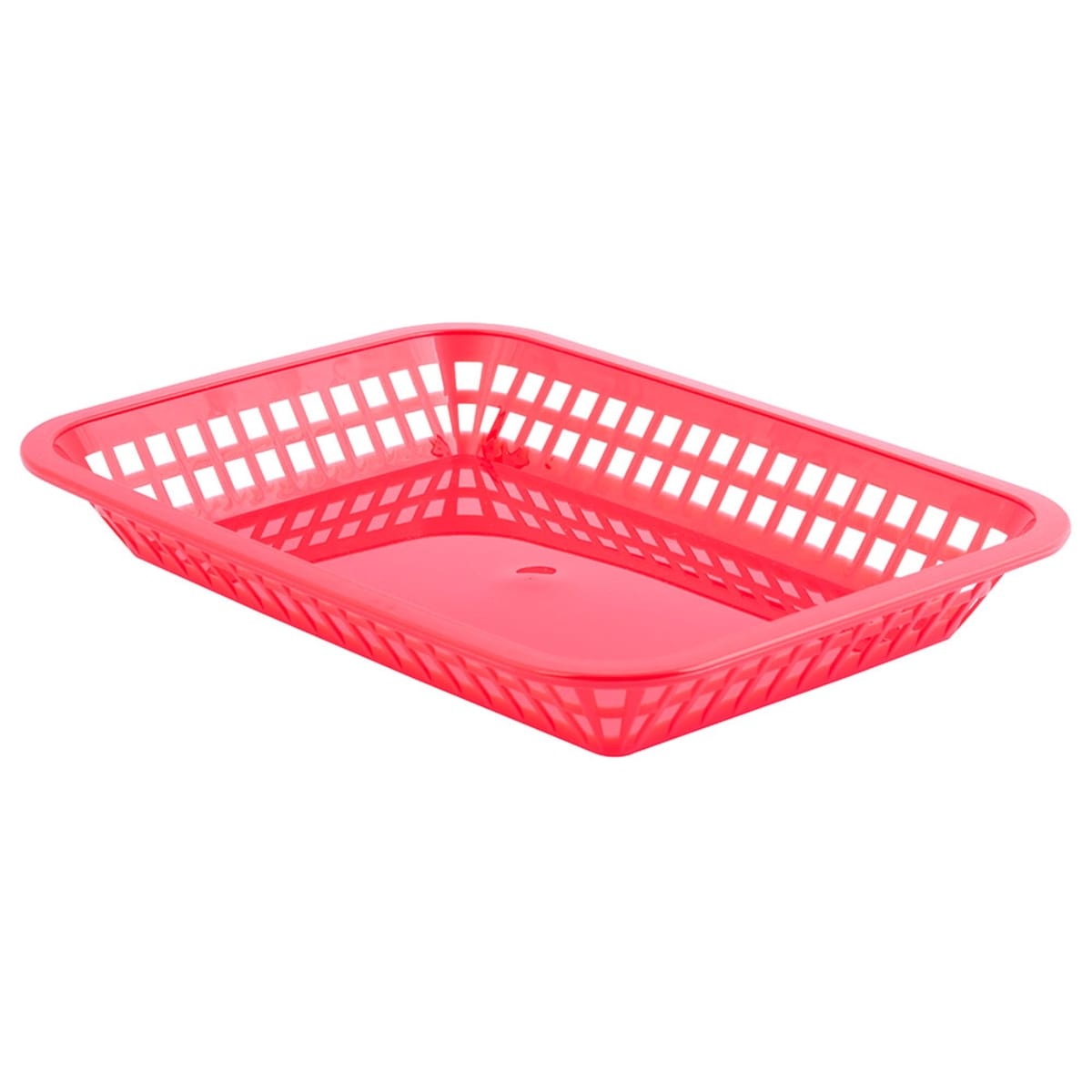 Tablecraft 1077R red polypropylene rectangular grande platter basket, angled overhead view