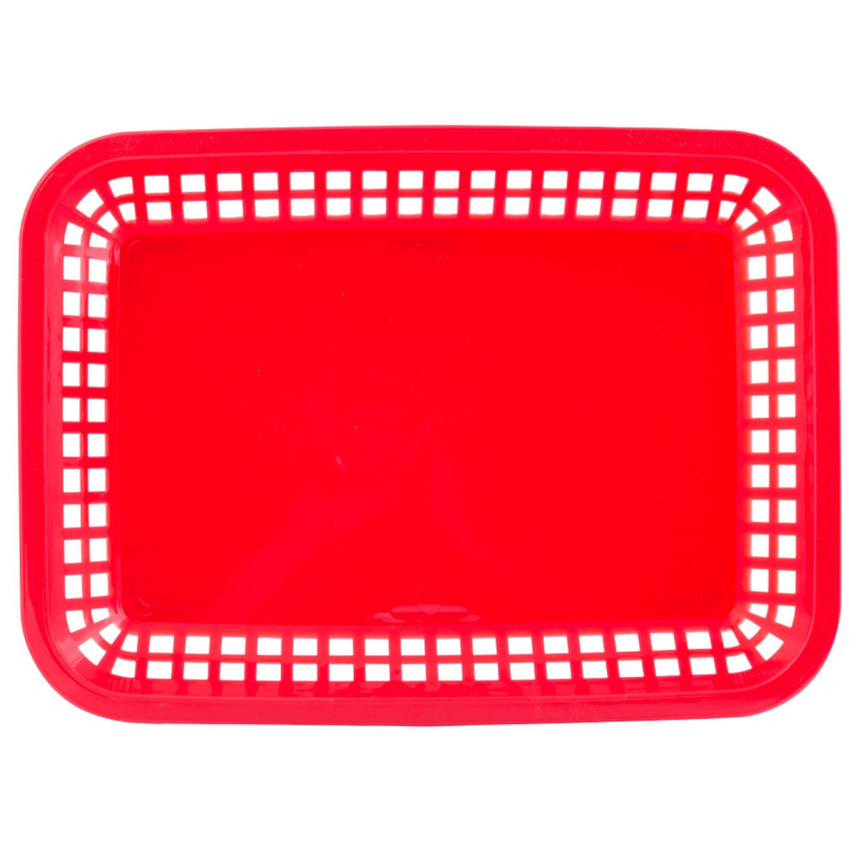 Tablecraft 1077R red polypropylene platter basket, top-down view showing full basket weave pattern and solid base