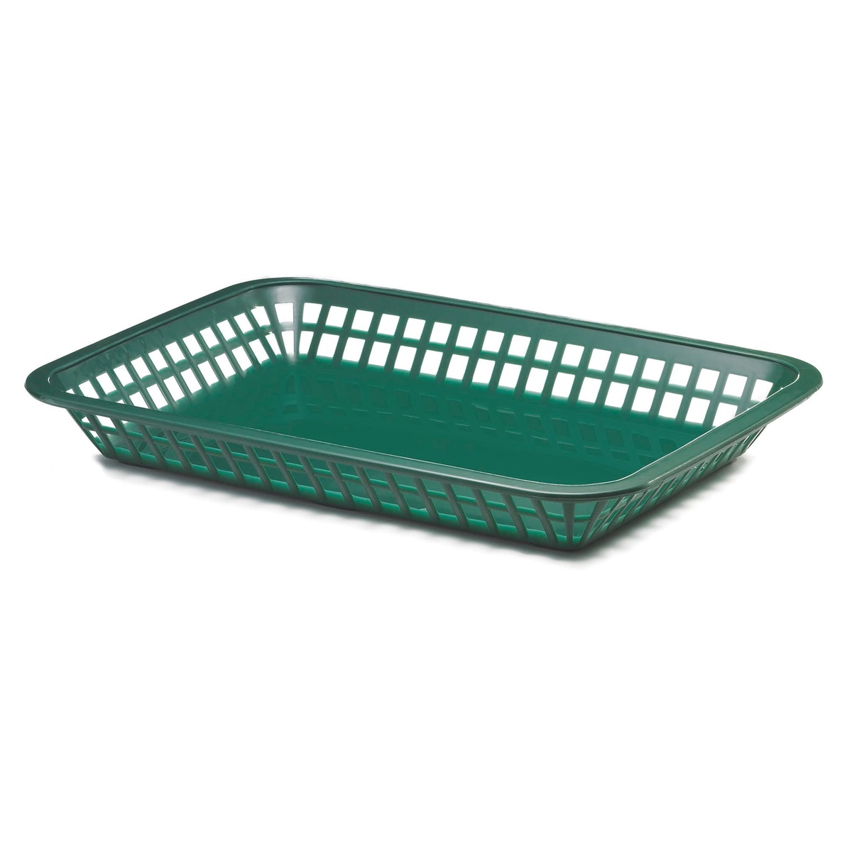 Tablecraft 1079FG forest green rectangular polypropylene platter basket, angled view showing lattice sides