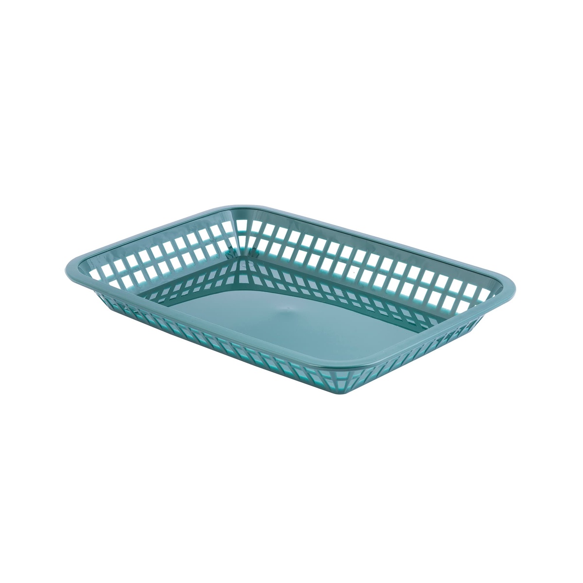 Tablecraft platter basket in teal-green polypropylene, overhead-angled view showing open rectangular interior
