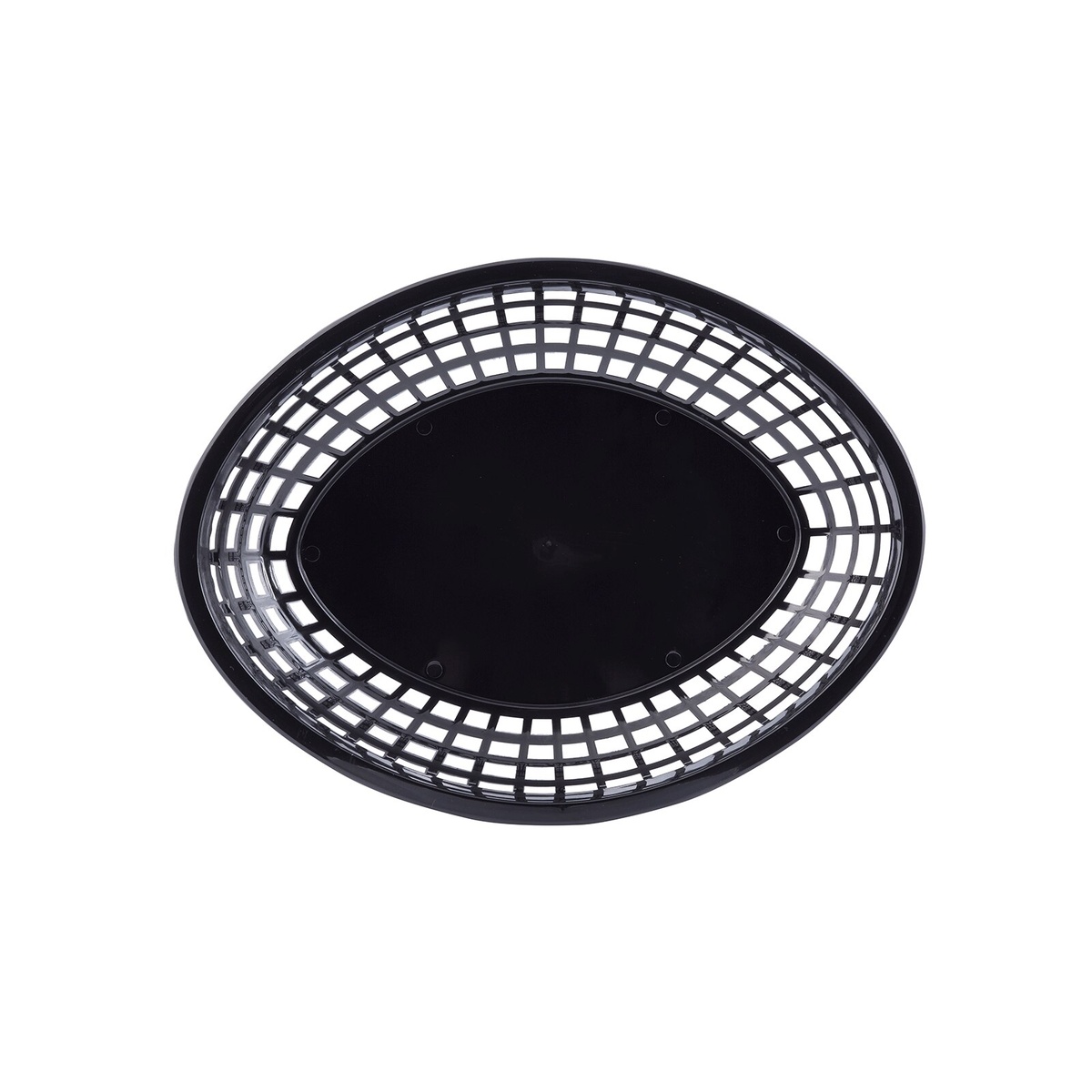 TableCraft 1084BK black jumbo oval serving basket, overhead view showing lattice sides and solid base