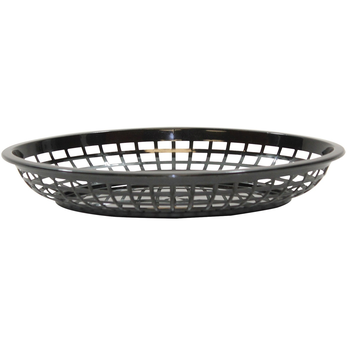 TableCraft 1084BK black jumbo oval plastic serving basket, side profile view