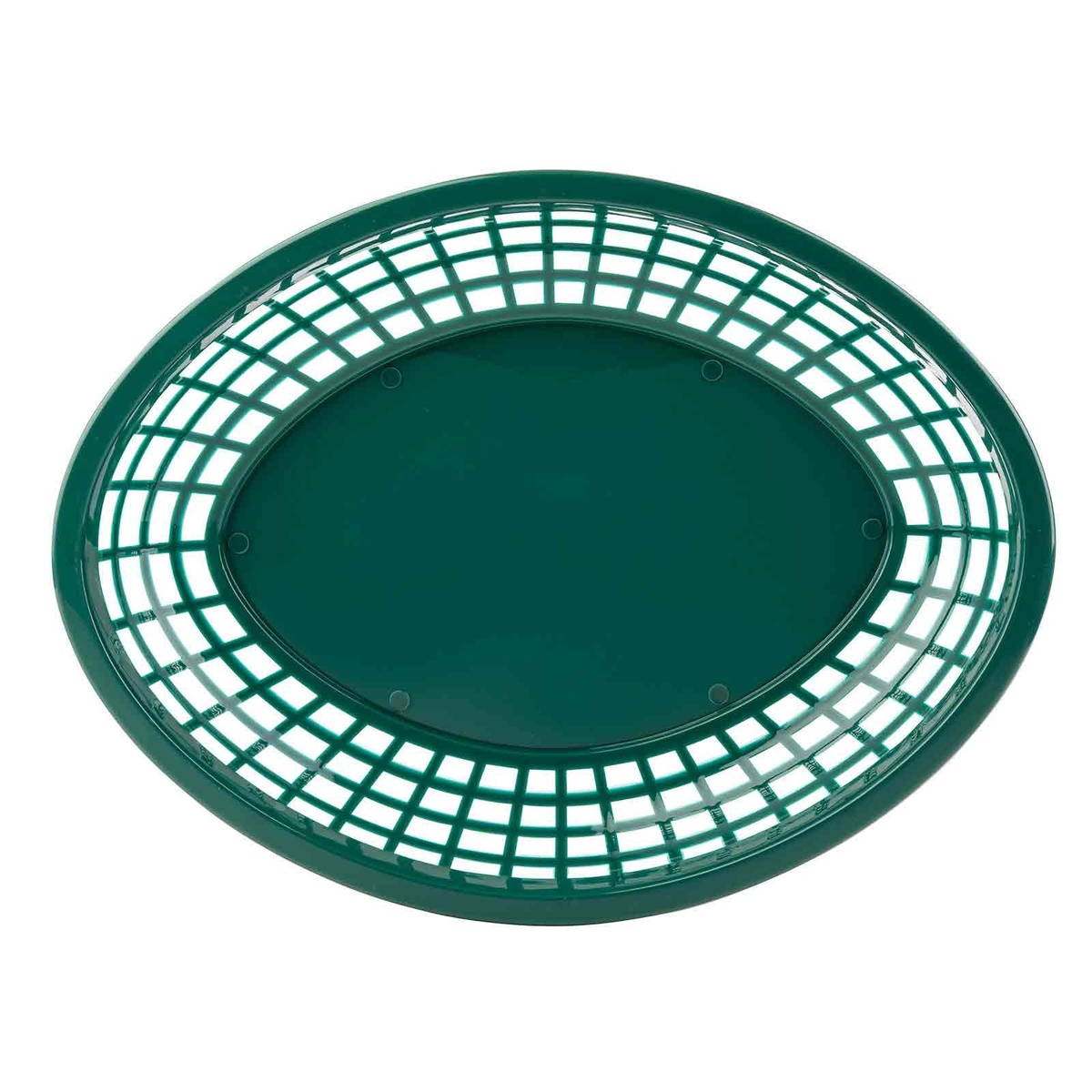 TableCraft 1084FG forest green jumbo oval basket viewed from above, showing lattice weave pattern and solid flat base