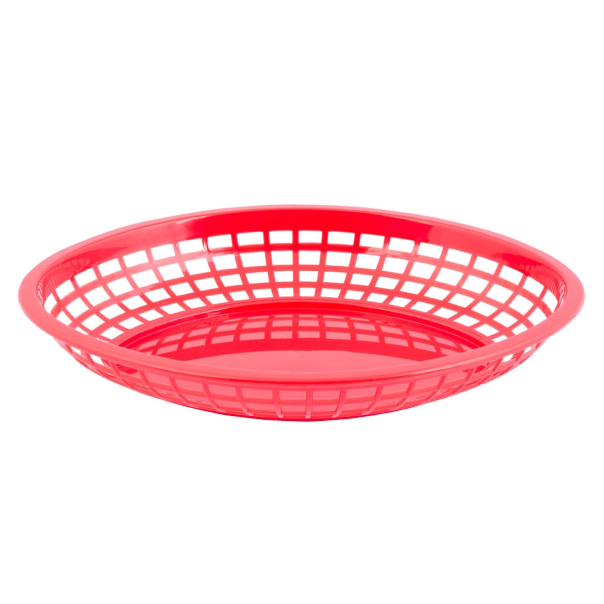 Tablecraft red polypropylene oval fast food basket, low-angle side profile view