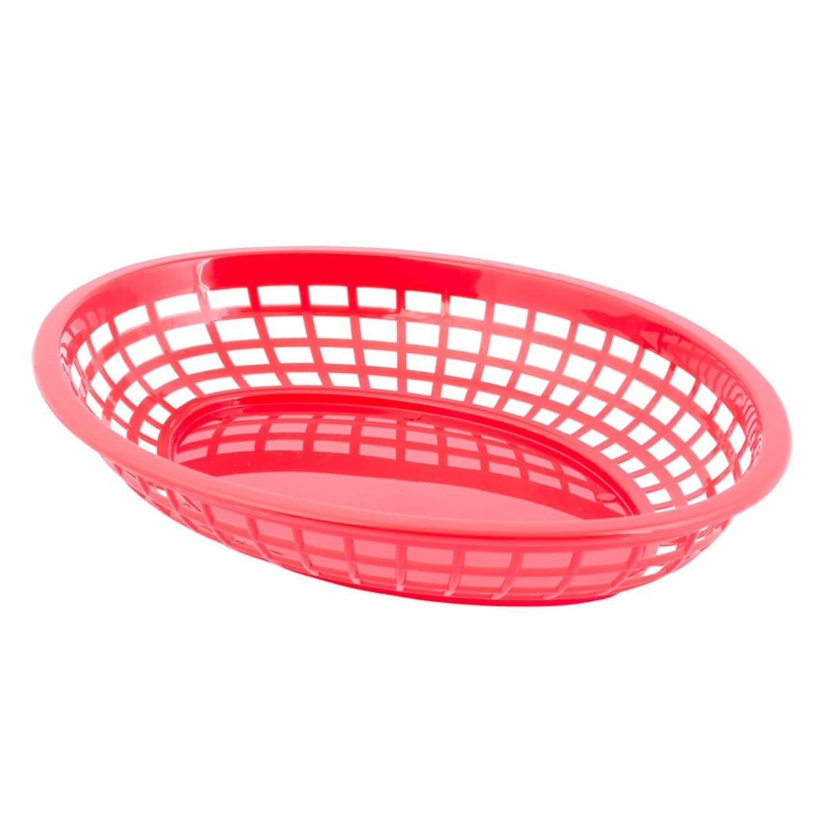 Tablecraft 1084R red polypropylene jumbo oval basket, angled side view