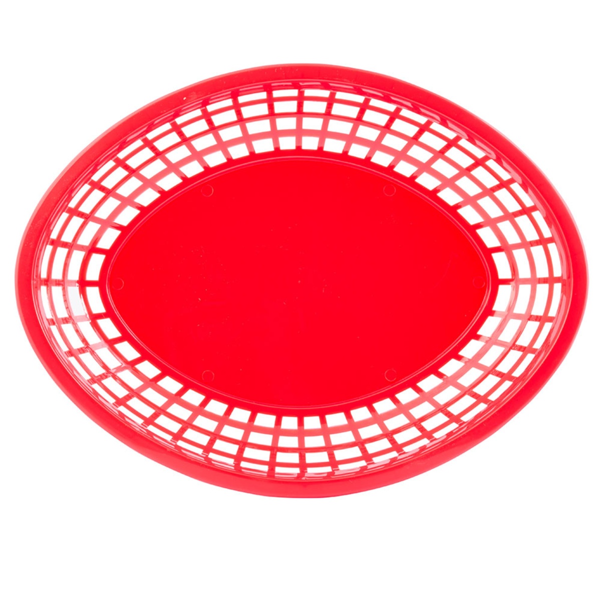 Tablecraft red polypropylene oval food basket, overhead top-down view