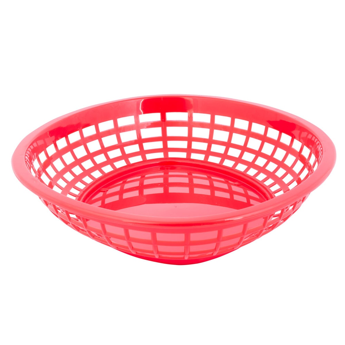 Tablecraft red polypropylene round food basket from an elevated side angle