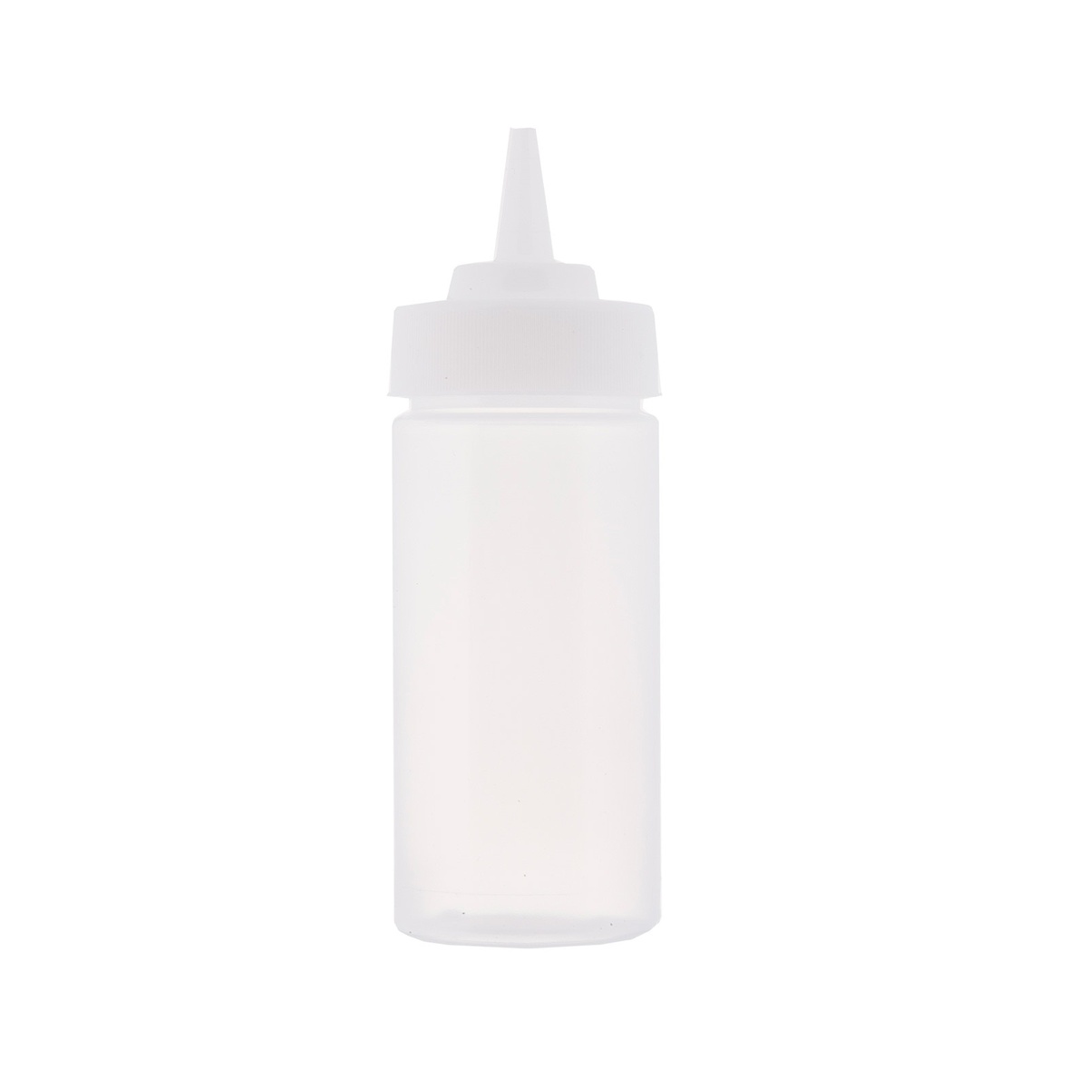 TableCraft 10853C 8 oz clear widemouth squeeze bottle with white standard cone tip, standing upright on white background