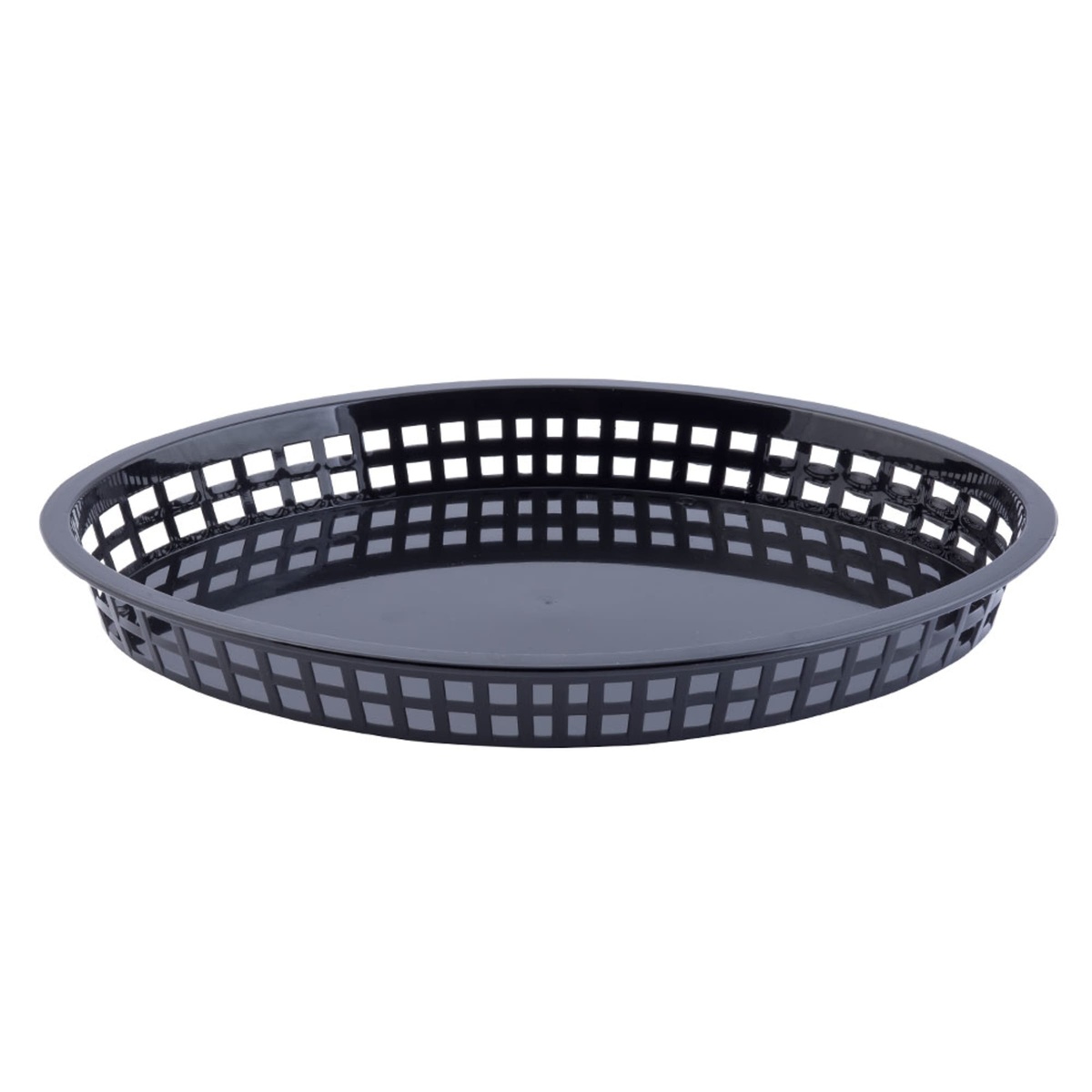 Tablecraft black polypropylene platter basket, front elevated angle view