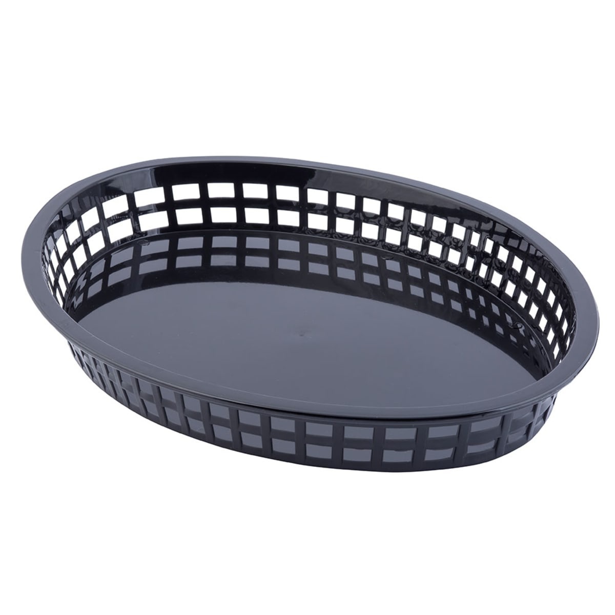Tablecraft 1086BK black oval polypropylene Texas Platter basket, angled view showing lattice sidewalls