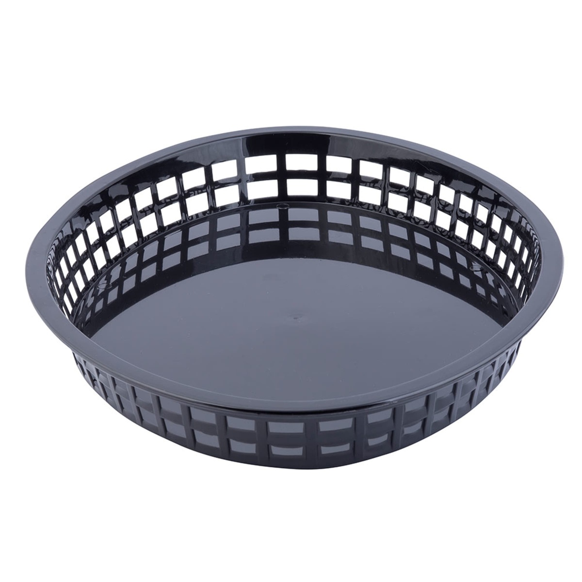 Tablecraft black polypropylene food serving basket, angled overhead view of round companion style