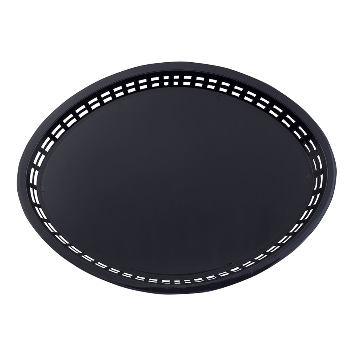 Tablecraft black polypropylene food serving basket, top-down overhead view showing flat base and lattice rim