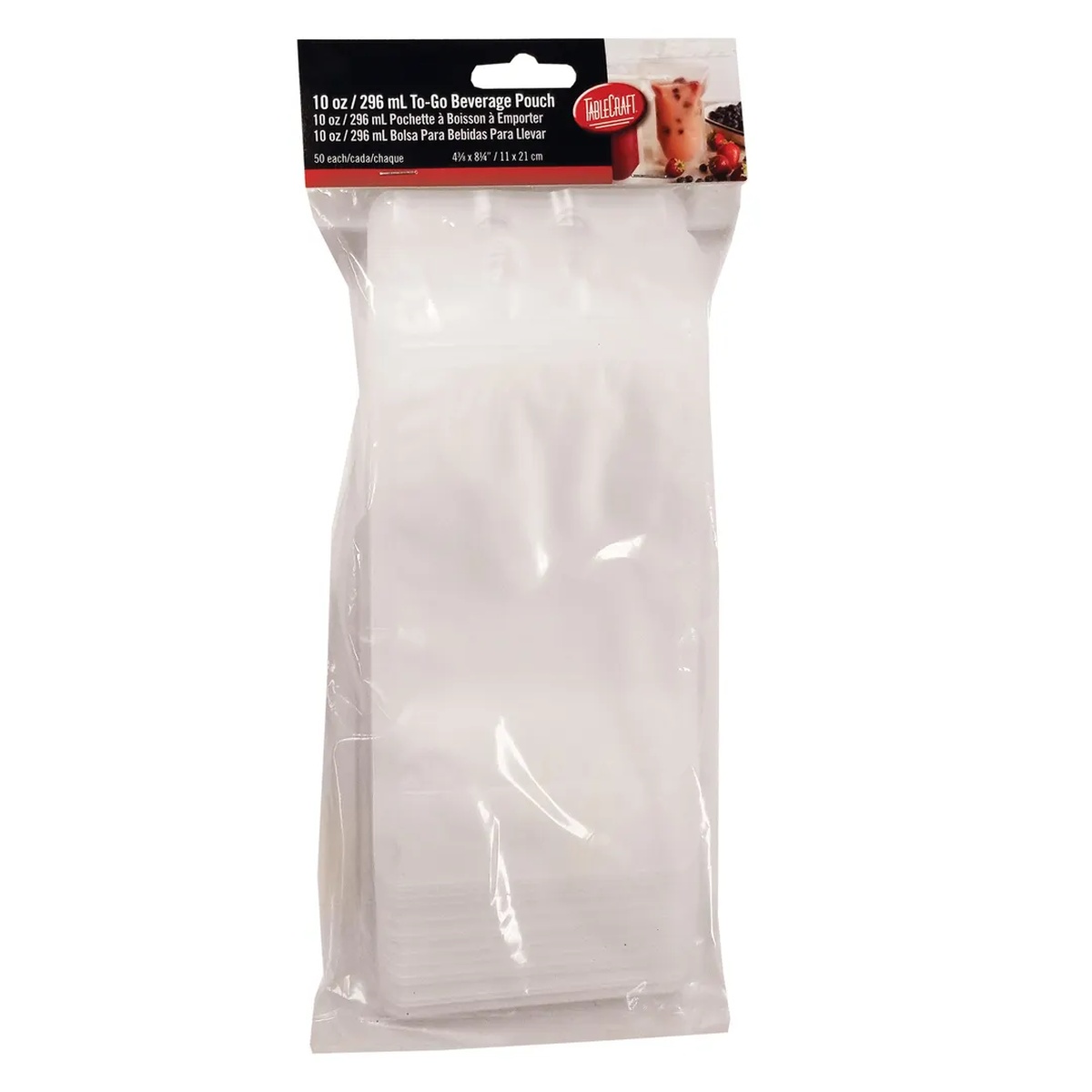 TableCraft Products 10883 clear polyethylene to-go beverage pouches, pack of 50