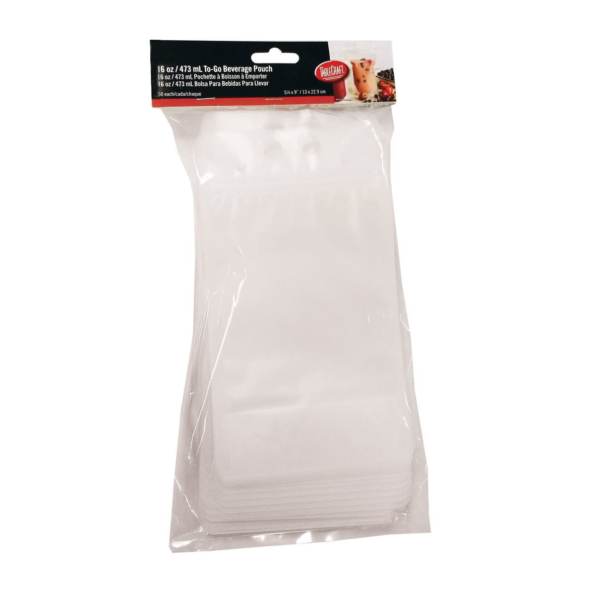 TableCraft 10884 16 oz To-Go Beverage Pouches retail packaging front view, pack of 50
