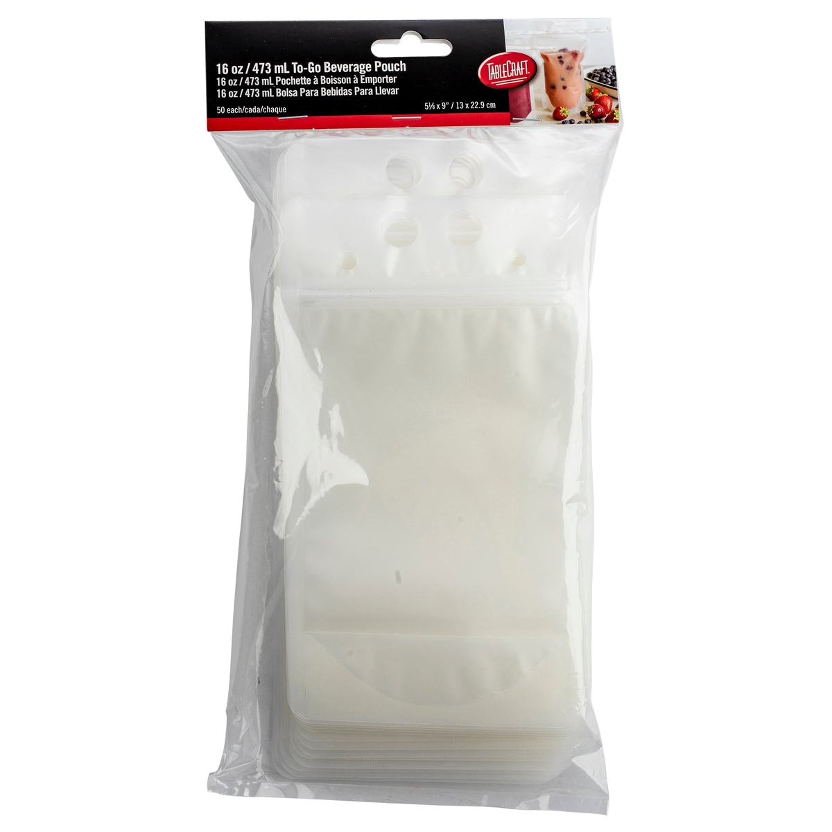 TableCraft 10884 To-Go Beverage Pouches package showing straw hole detail and zipper seal