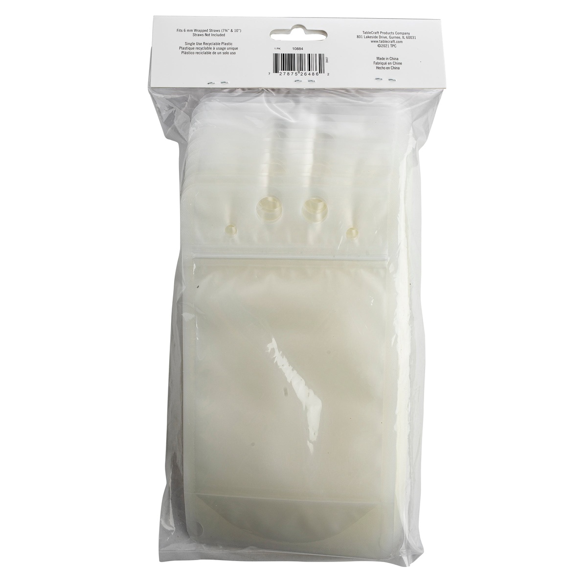 Back of TableCraft 10884 To-Go Beverage Pouch retail packaging showing barcode and straw compatibility information