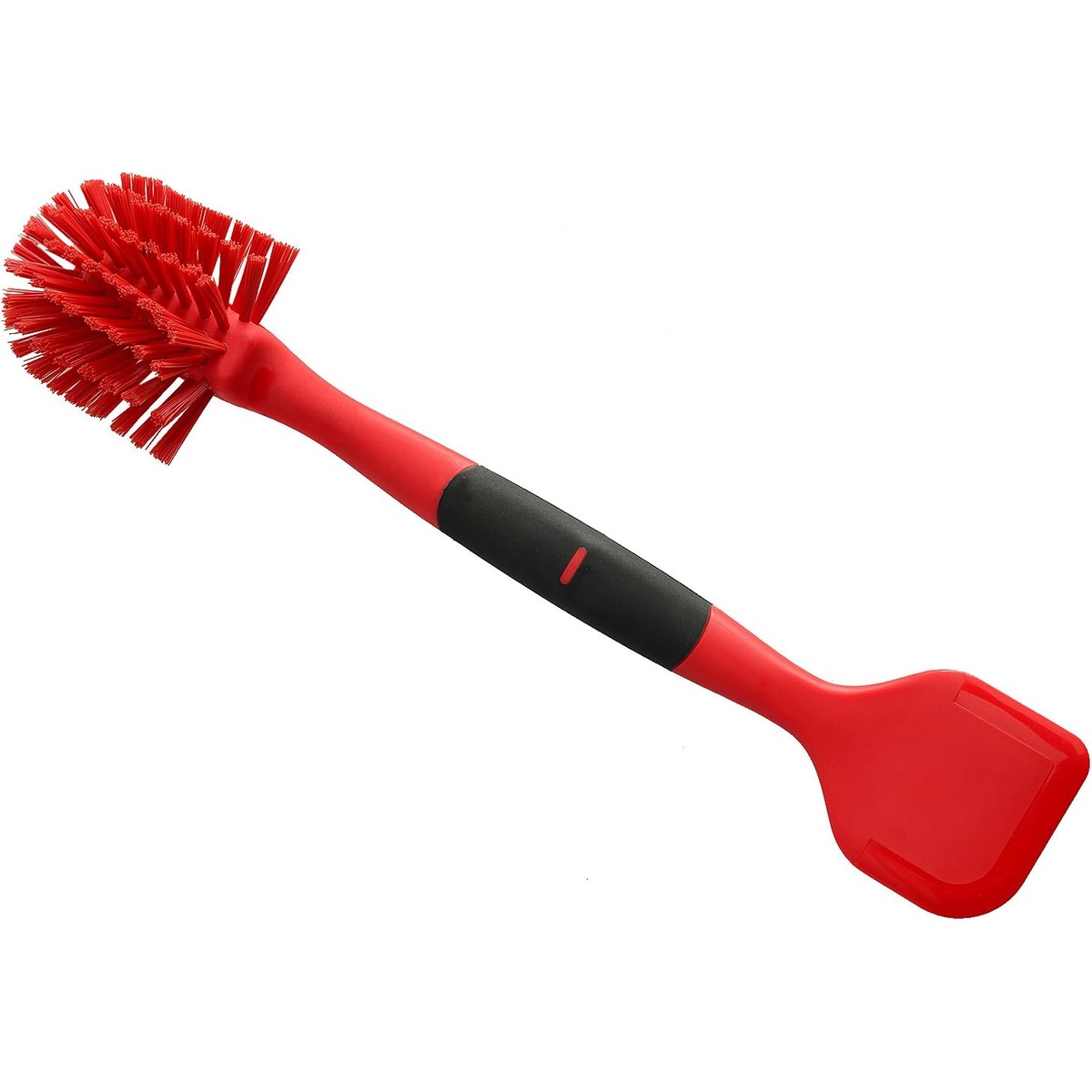Norpro 1088R scrub brush showing flat red plastic food scraper end with center rubber grip detail