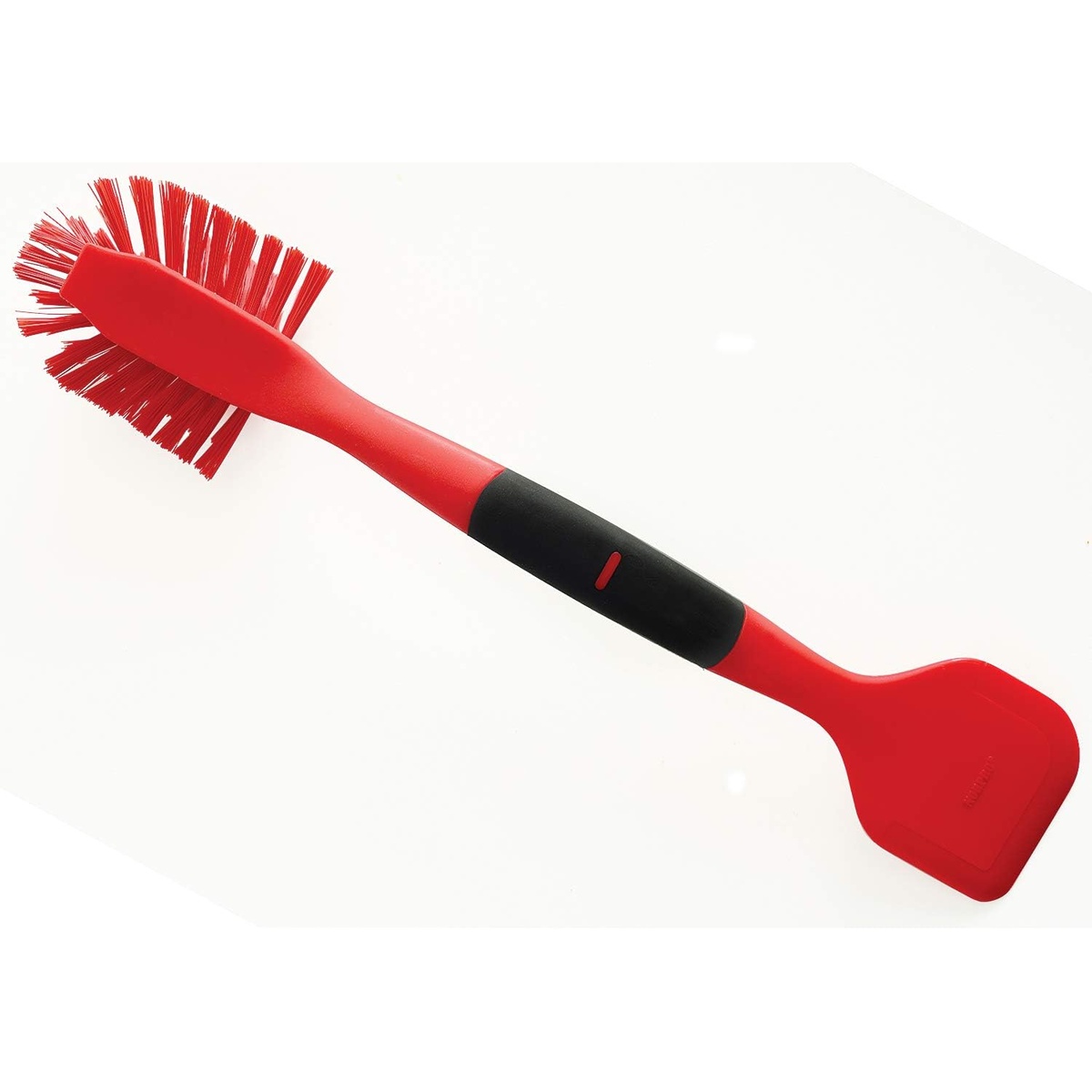Norpro 1088R scrub brush angled view highlighting nylon bristle head and center comfort grip handle