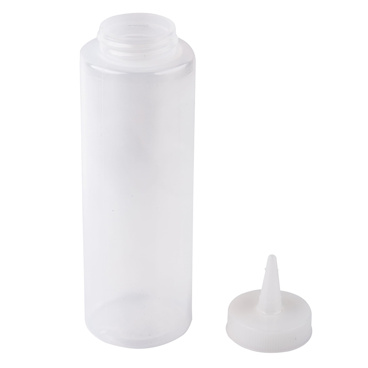 Tablecraft 108C clear squeeze bottle body with cone tip cap removed showing threaded opening