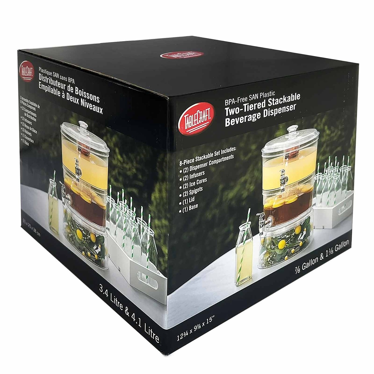 TableCraft 10961 beverage dispenser retail packaging box showing included components and product dimensions