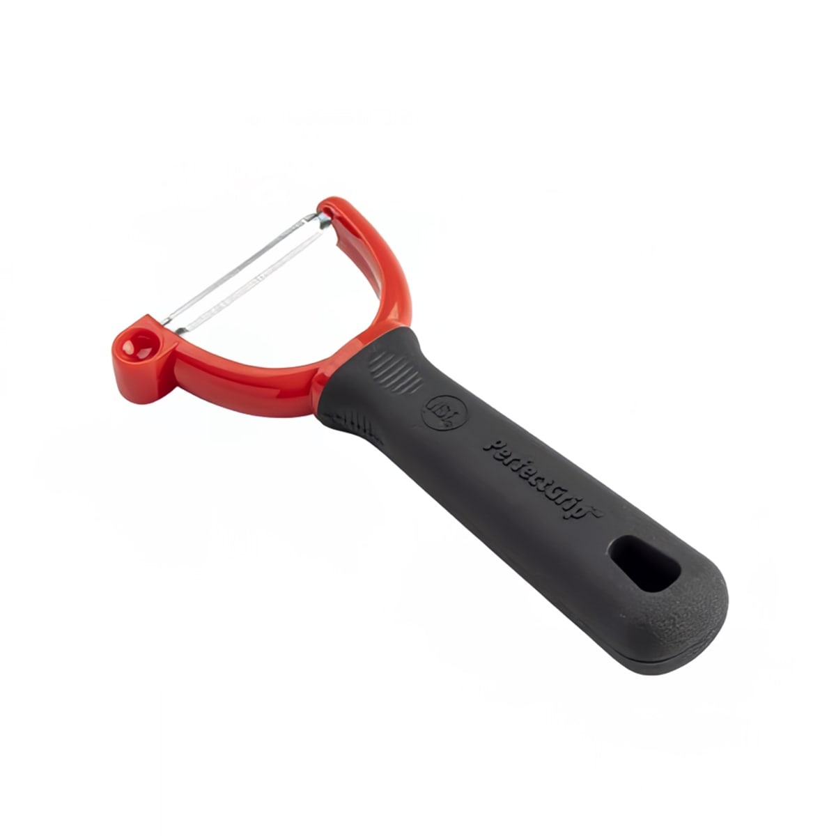 Tablecraft 10996 PerfectGrip Y-style peeler with red frame, stainless steel straight-edge blade, and black ergonomic soft-grip handle
