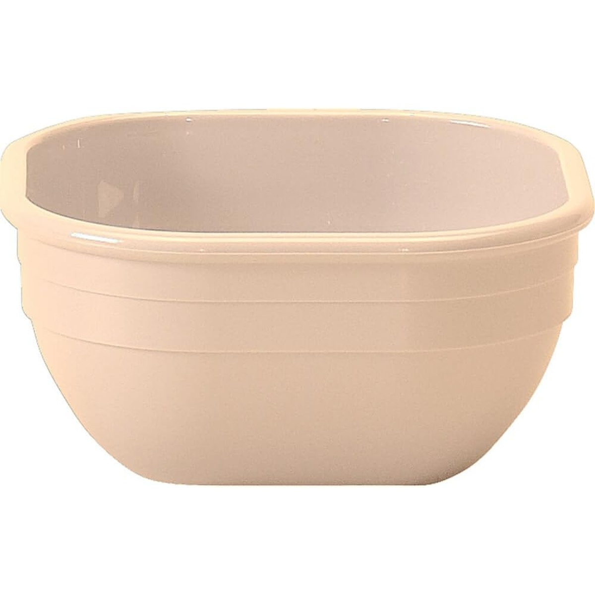 Cambro 10CW133 beige square polycarbonate nappie bowl, 9.4 oz., shown in a stacked pair