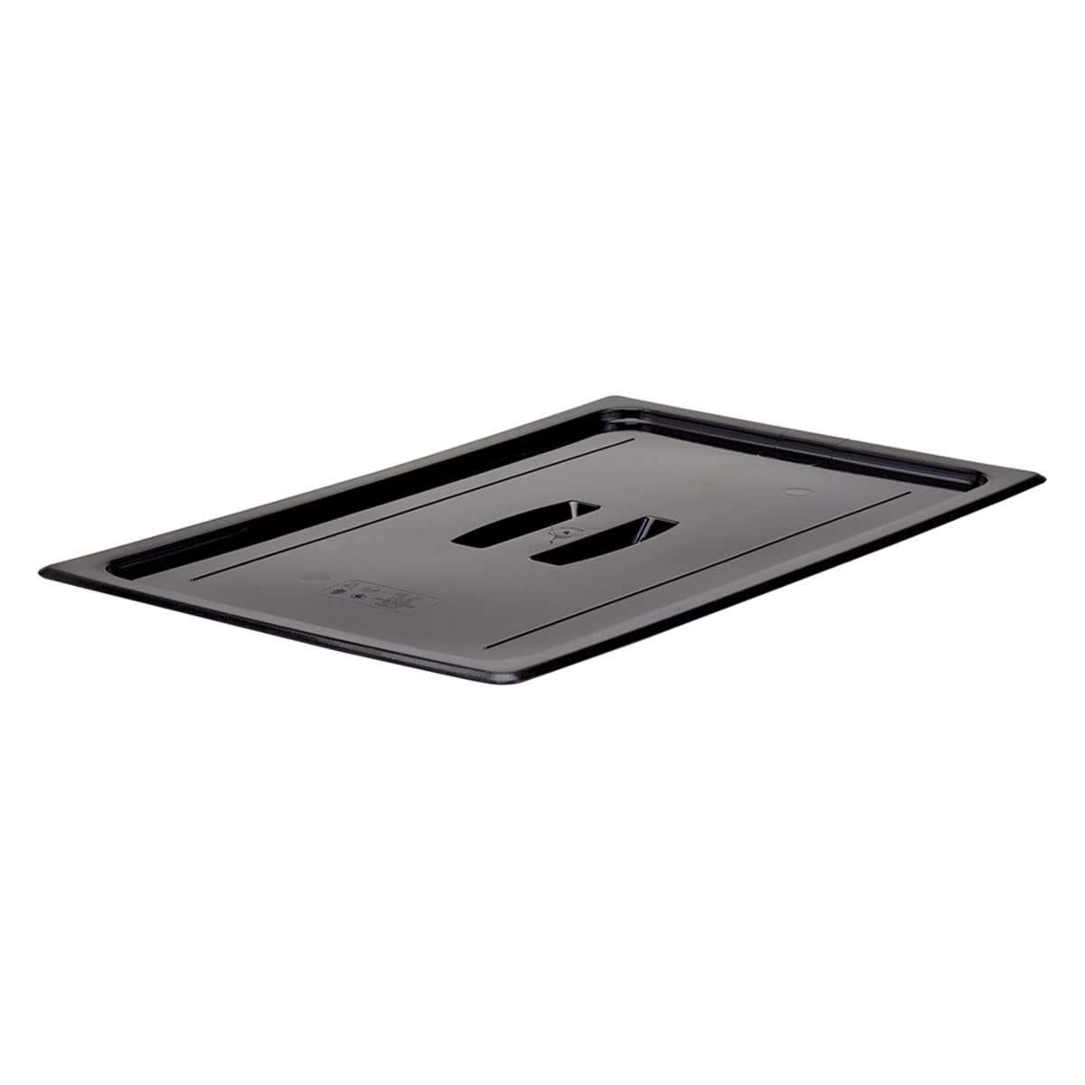 Cambro 10CWCH110 full size black polycarbonate handled food pan lid, angled top view showing deep molded handle