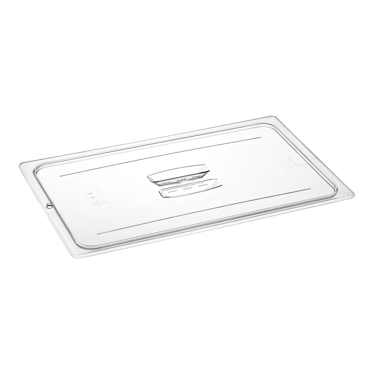 Cambro 10CWCH135 full size clear polycarbonate food pan lid with deep molded center handle, viewed at an angle against white background