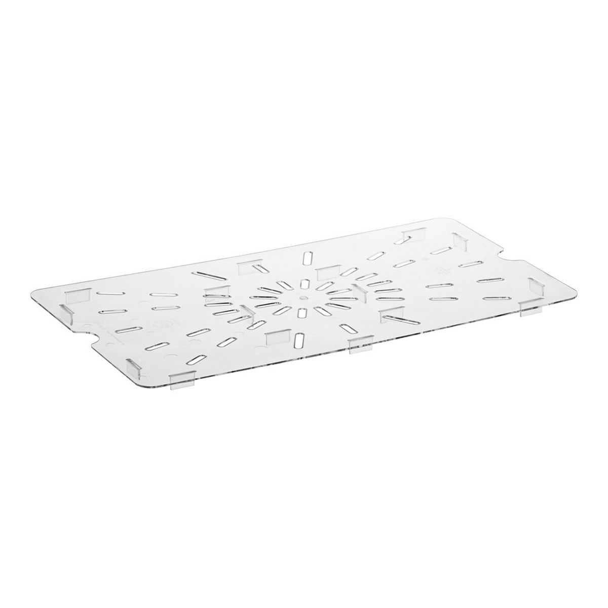 Cambro 10CWD135 full size clear polycarbonate drain shelf with perforated surface and corner feet, isolated on white