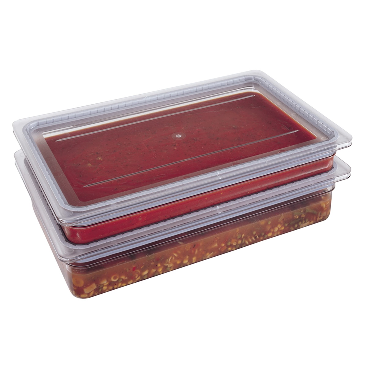Two stacked full-size Cambro Camwear food pans with clear GripLid covers containing sauce and vegetable soup