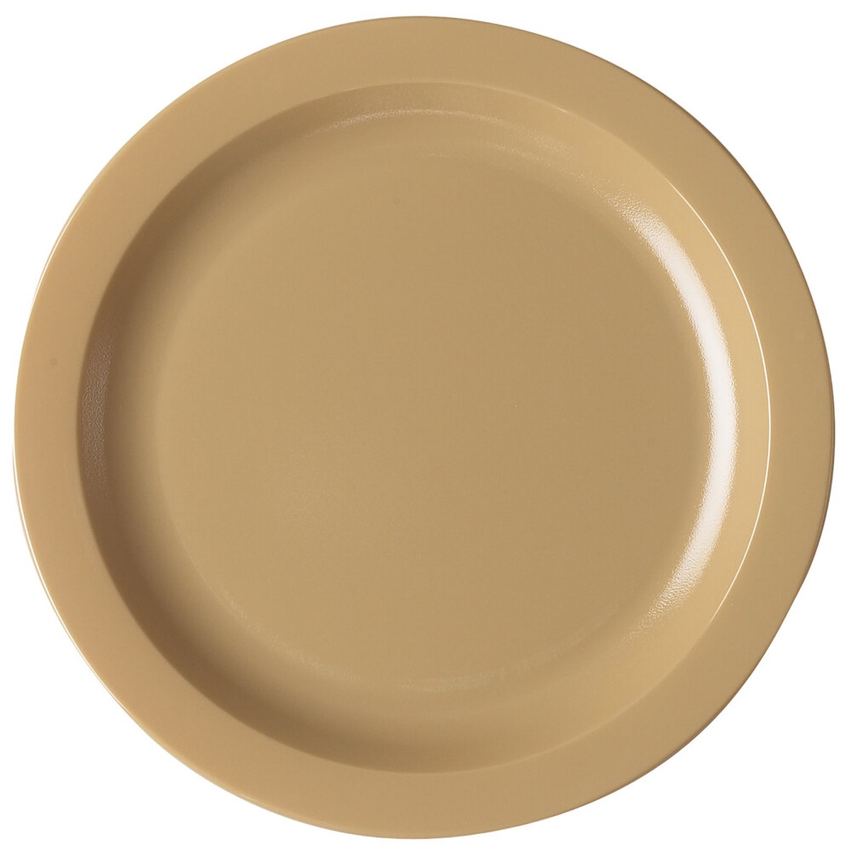 Cambro 10CWNR133 beige 10-inch narrow rim polycarbonate plate, top view on white background