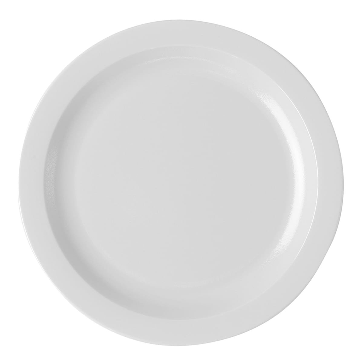Cambro 10CWNR148 white round polycarbonate narrow rim dinner plate, top-down view