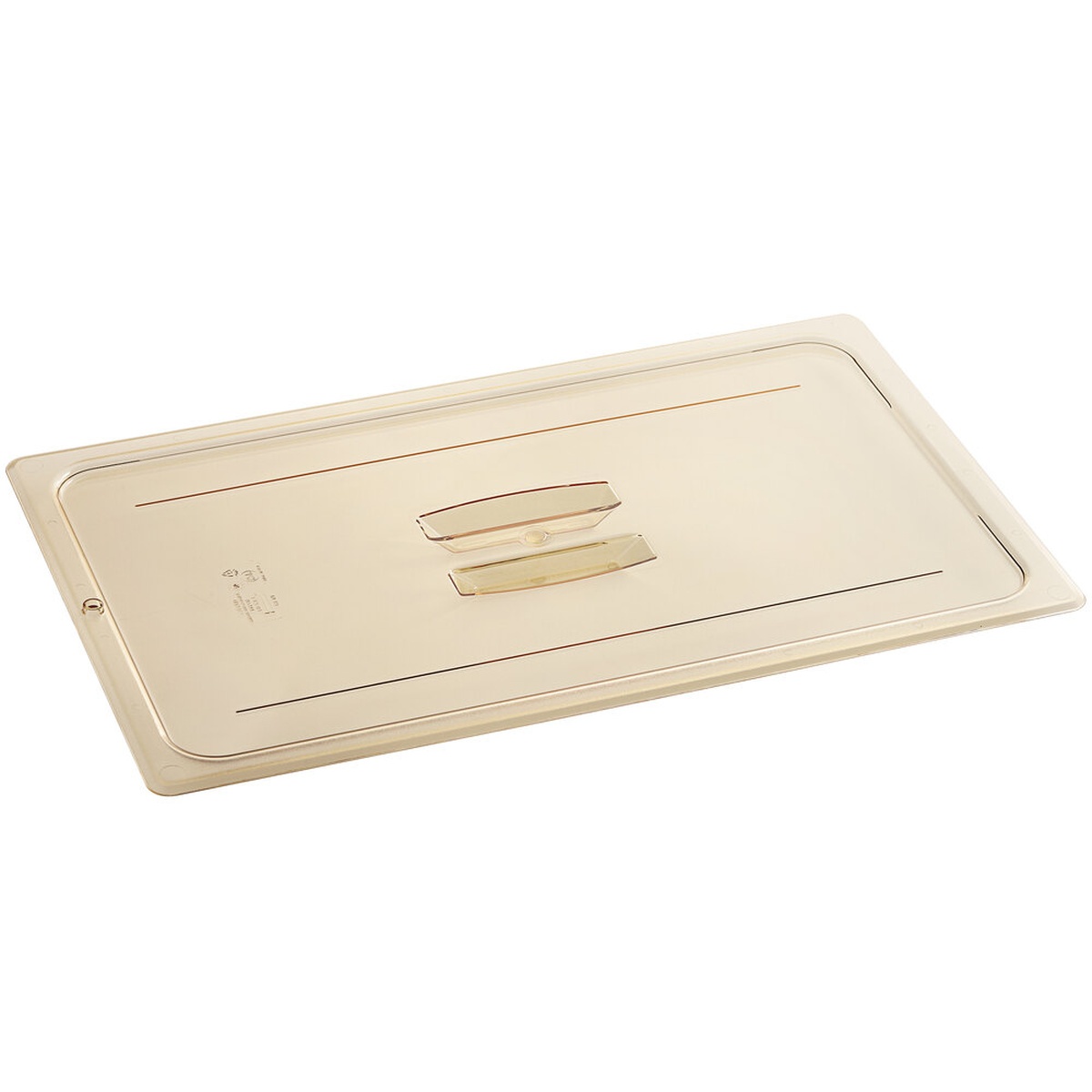 Cambro 10HPCH150 full size amber high heat flat lid with integrated center handle, angled top view on white background