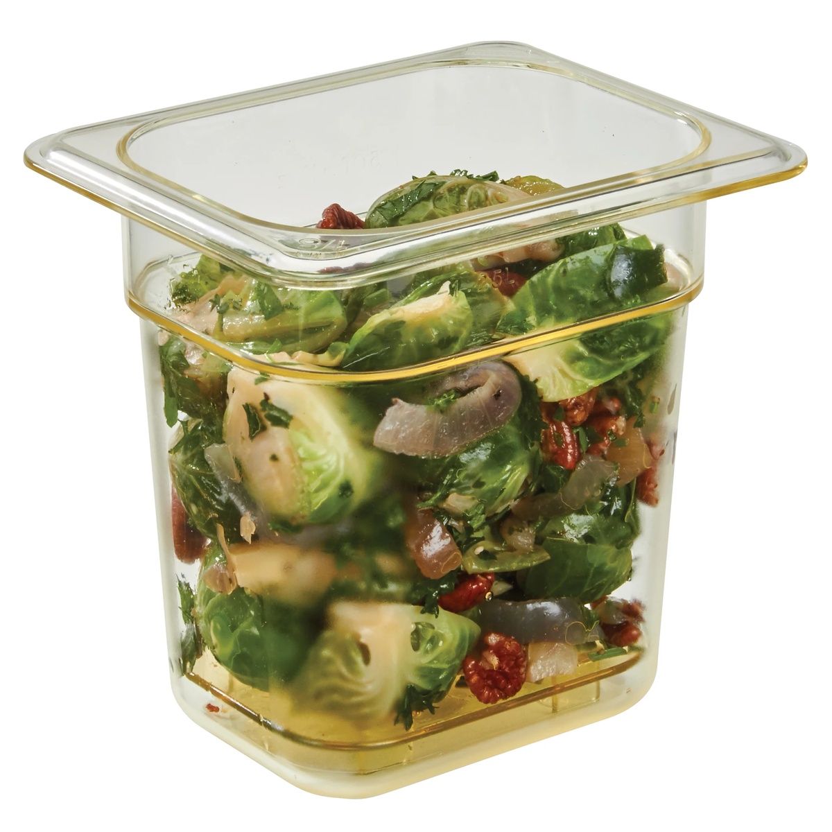 Amber Cambro H-Pan food container filled with cooked Brussels sprouts and mixed vegetables on white background