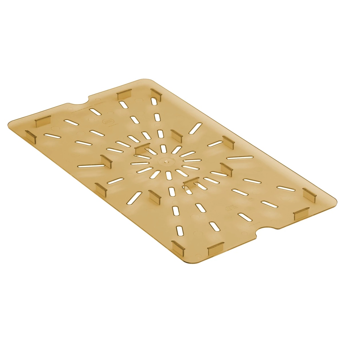 Cambro 10HPD150 full-size amber high-heat drain shelf showing perforated radial surface and raised feet on white background