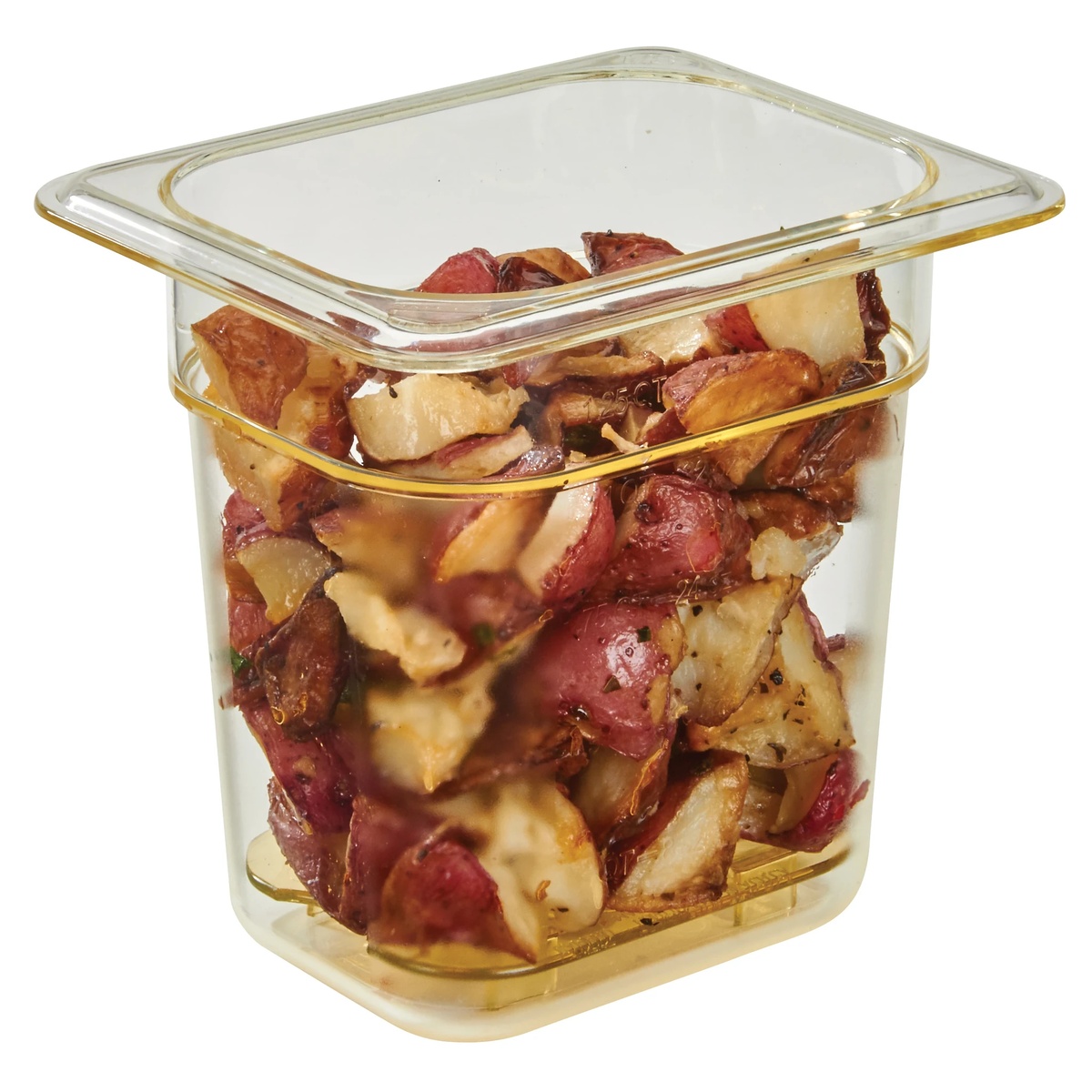 Amber Cambro H-Pan food container filled with roasted red potatoes on white background