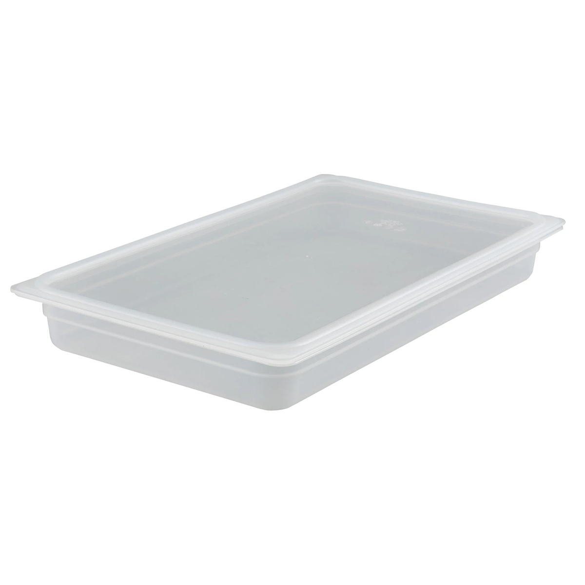 Cambro 10PPCWSC190 translucent seal cover seated on a full-size food pan, angled view