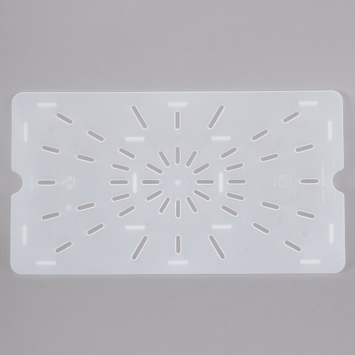 Cambro 10PPD190 full size translucent polypropylene drain shelf with perforated slot pattern and finger notches on gray background