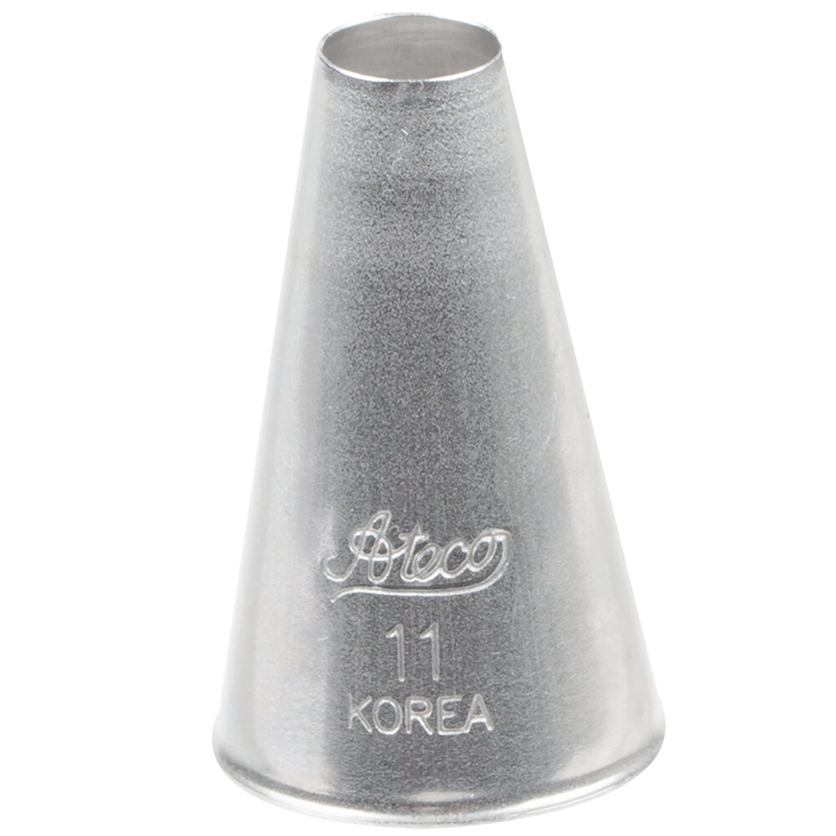 Ateco #11 plain round piping tip made of stainless steel with embossed brand name and size number