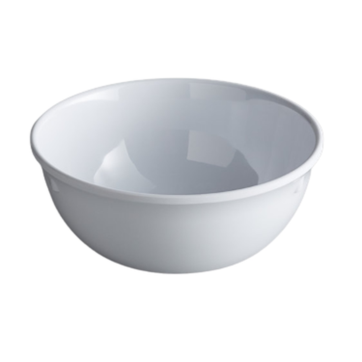 Clipper Mill 64 oz white melamine wide rim bowl, viewed from a slight angle showing the smooth interior and broad rim