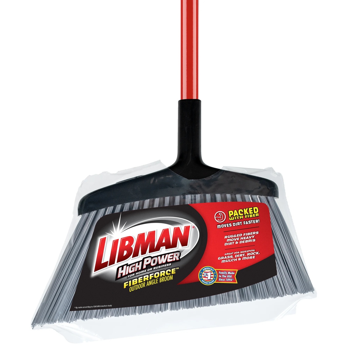 Libman FiberForce Outdoor Angle Broom with red steel handle and gray stiff bristles in retail packaging
