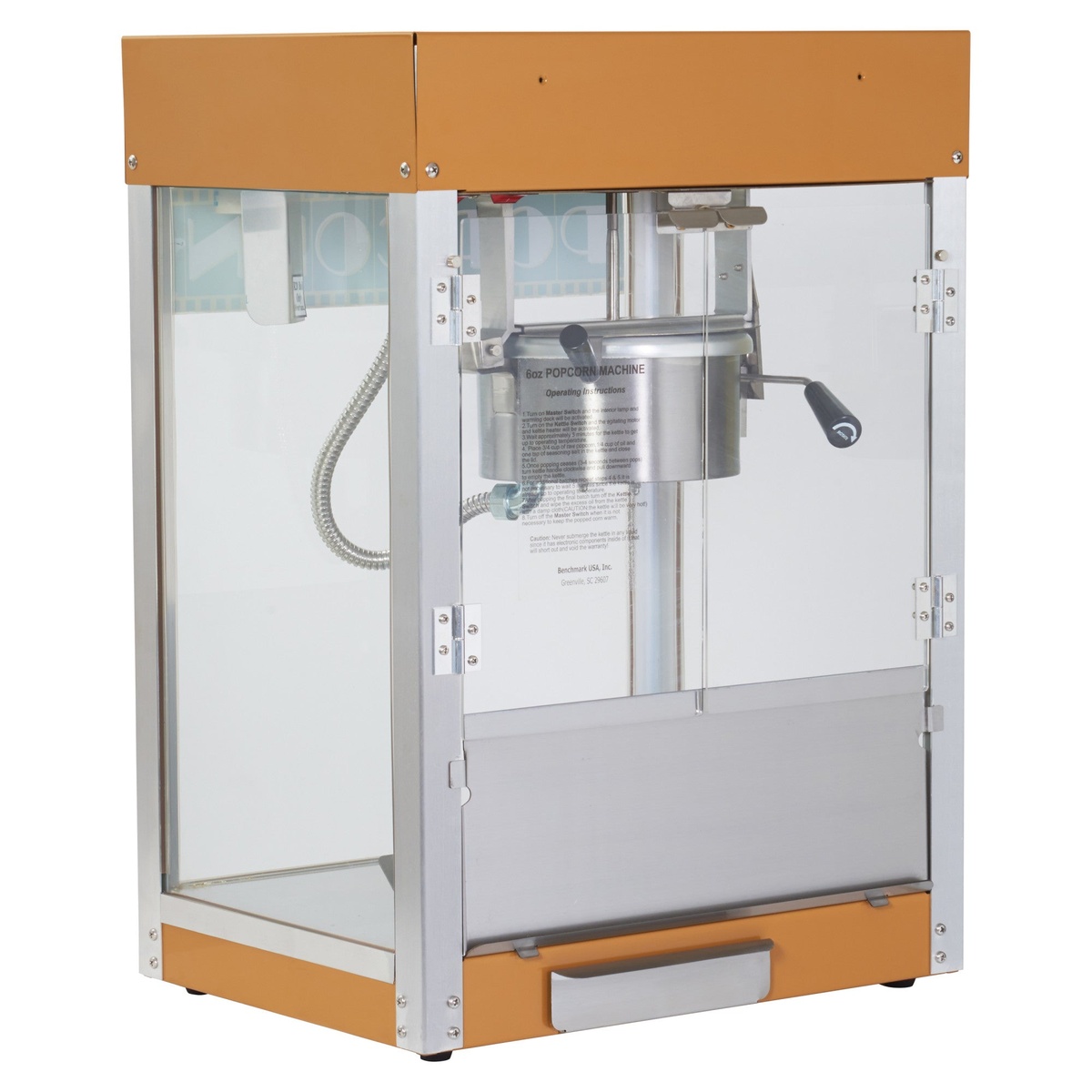 Front view of countertop popcorn machine showing kettle and door area