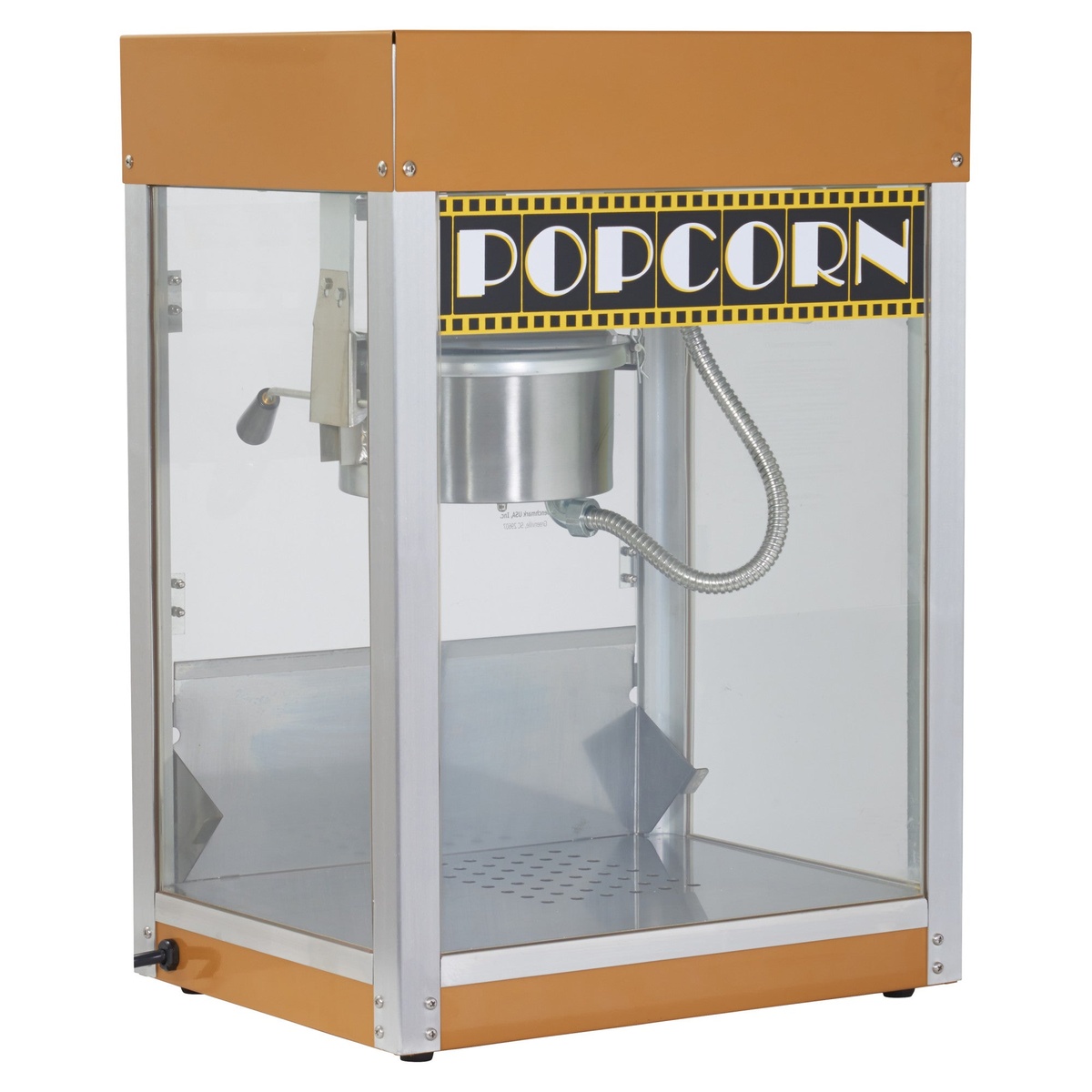 Countertop popcorn machine with cinema-style marquee and kettle inside