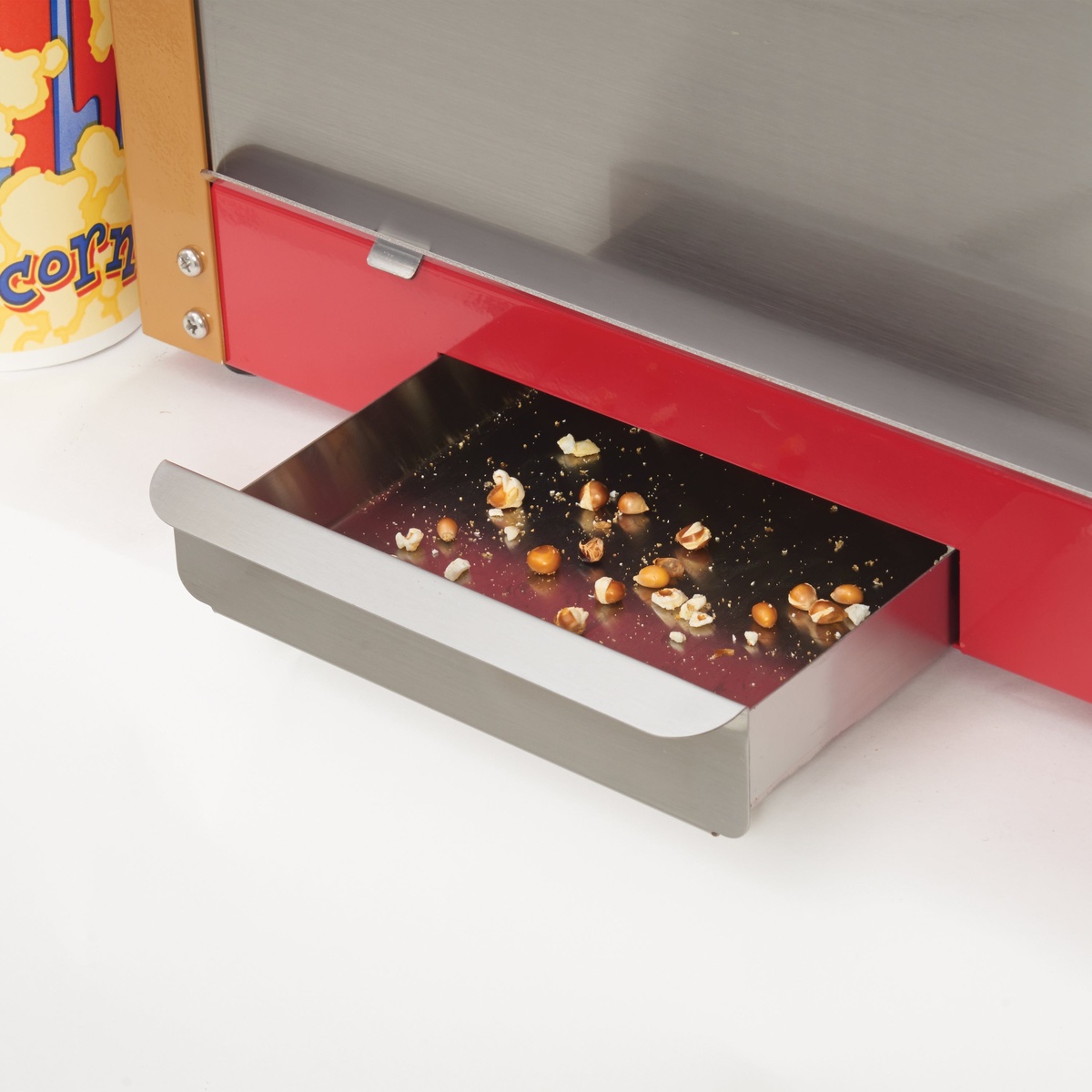 Old maid drawer pulled out to collect unpopped kernels